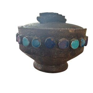MCM Bitossi Pottery Applied Disc Lidded Covered Bowl #875 Italy Aldo Londi